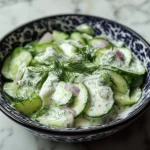Cucumber salad with sour cream, onion and dill