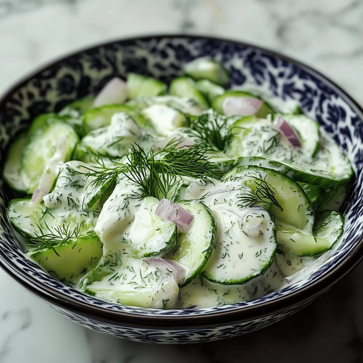 Cucumber salad with sour cream, onion and dill