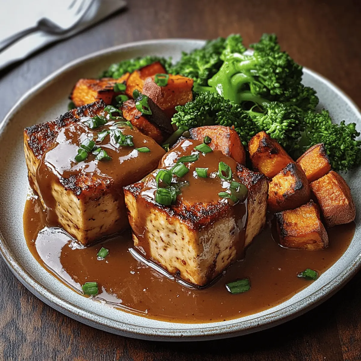 Roasted tofu and miso sweet potato with vegan gravy