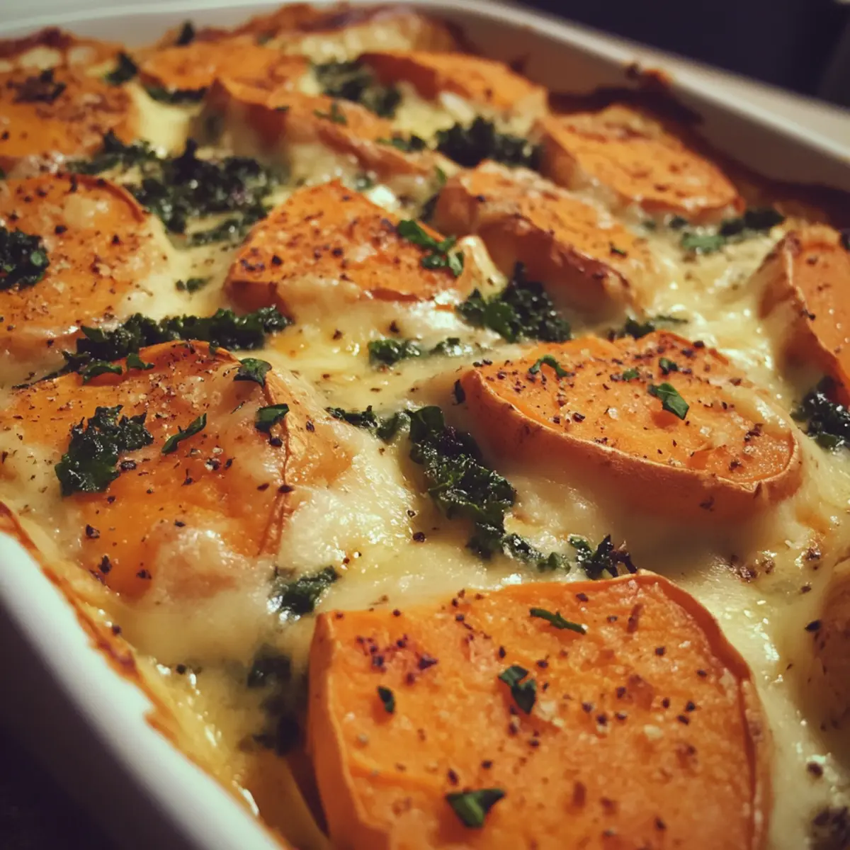 Roasted Sweet Potato & Kale Gratin
